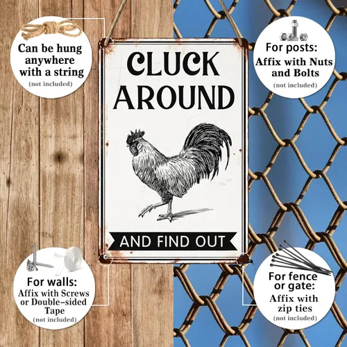 Miniatura 3 de Letrero de metal "Cluck Around and Find Out" para decoración de pared de gallinero en casa, cocina de granja, accesorios para gallinero, decoración