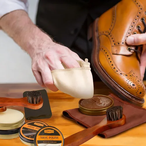 Miniatura 2 de Nuroon Kit de 9 esmaltes de zapatos para hombres y mujeres, 3 cepillos para zapatos de crin de caballo, color marrón neutro y negro