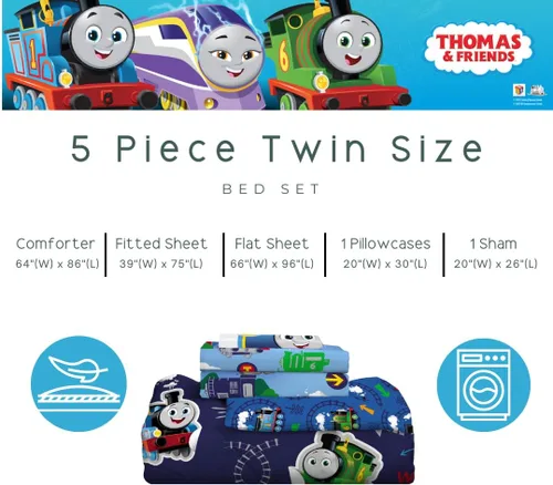 Miniatura 3 de Franco Thomas & Friends - Juego de ropa de cama supersuave para niños, edredón y sábanas con funda de almohada, 5 piezas, tamaño individual, Thomas