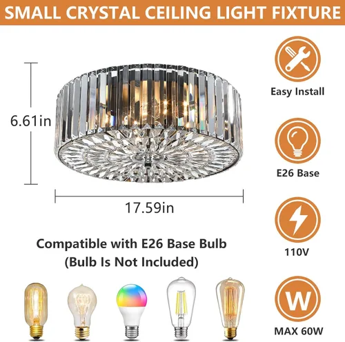 Miniatura 3 de Large Crystal Ceiling Light, 17.5" Black K9 Crystal Flush Mount Ceiling Light, 4-Light Round Luxury Light Fixture for Dining Room, Bedroom, Hotel