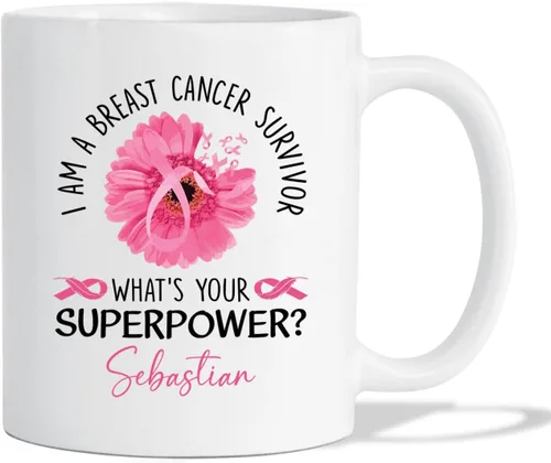 Miniatura 25 de Taza de café de concientización sobre el cáncer de mama con nombre personalizado, taza de café de 11 onzas, taza de té de cerámica blanca