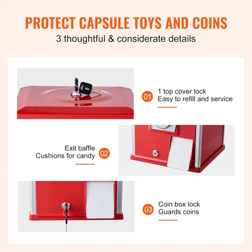 Miniatura 5 de VEVOR Máquina de chicle, Máquina expendedora casera de 21 pulgadas de altura, Dispensador de bolas hinchables PS, capacidad para 180 juguetes de Rojo