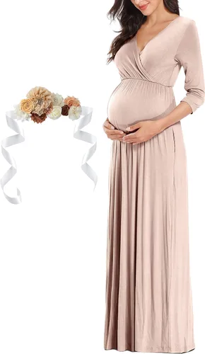 Miniatura 3 de Kim S Vestido largo de maternidad con banda de flores (S-3XL), vestido de fiesta baby shower con cuello en V fruncido