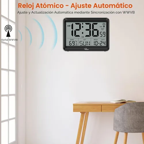 Miniatura 4 de WallarGe - Reloj de pared digital atómico, funciona con pilas, autoconfiguración, pantalla grande con temperatura, fecha, día de la semana, reloj