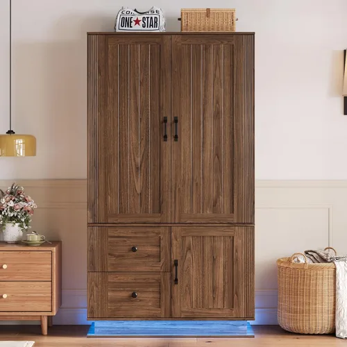 Miniatura 3 de LIKIMIO Armario de granja con puertas, armario de dormitorio de 70 pulgadas con luces LED y barra para colgar, armario grande de madera con 2 Nogal