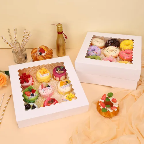 Miniatura 6 de Moretoes 25 cajas para tartas, cajas de panadería blancas de 12 x 12 x 2.5 pulgadas con ventana, cajas de galletas emergentes automáticas