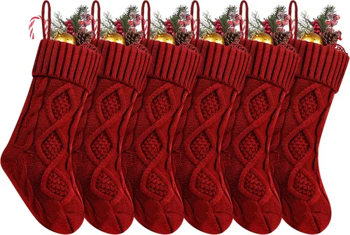 Miniatura 11 de Fesciory Calcetines de Navidad, paquete de 6 calcetines de punto grandes de 18 pulgadas y decoración para fiestas familiares de Navidad, borgoña
