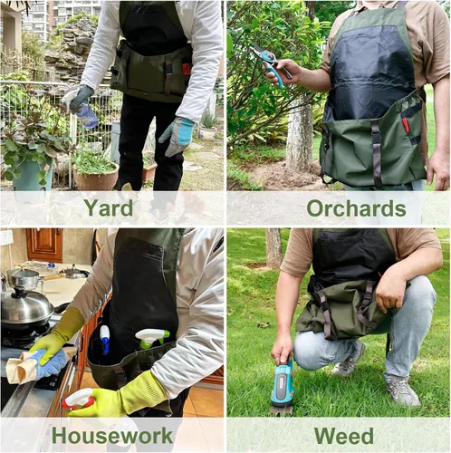 Miniatura 6 de Delantal de jardinería impermeable con espalda cruzada, delantal extra 600D resistente para cosecha y grandes bolsillos de liberación rápida Verde