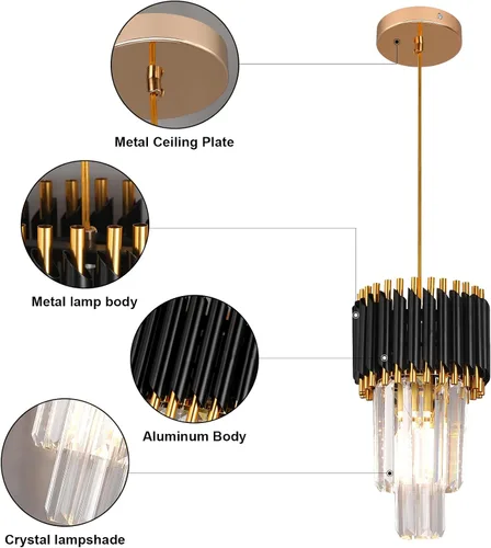 Miniatura 5 de Araña de Cristal Dorada Accesorios de Luz Colgante Moderna de Cristal para Isla de Cocina D7.5'' Araña Negra y Dorada para Comedor Dormitorio Sala