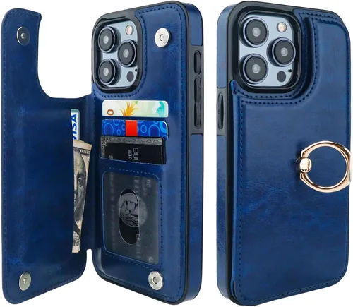 Miniatura 14 de ONETOP Funda tipo cartera para iPhone 15 Pro Max con soporte para tarjetas, anillo de rotación de 360°, función atril, bloqueo RFID, piel sintética