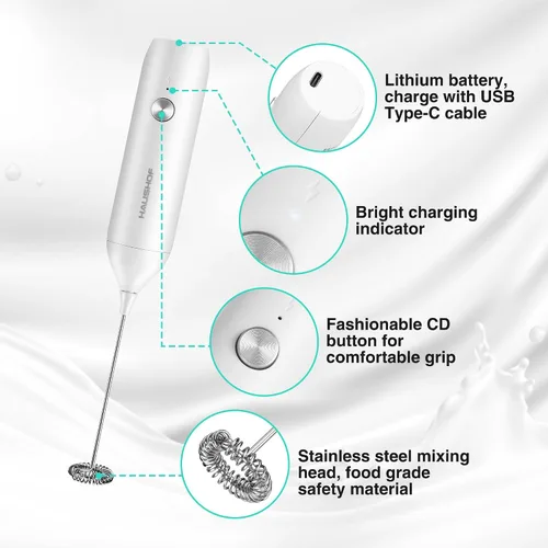 Miniatura 5 de HAUSHOF Potente varita espumadora de leche recargable, máquina de espuma eléctrica de mano, mezclador de bebidas con batidor de acero inoxidable