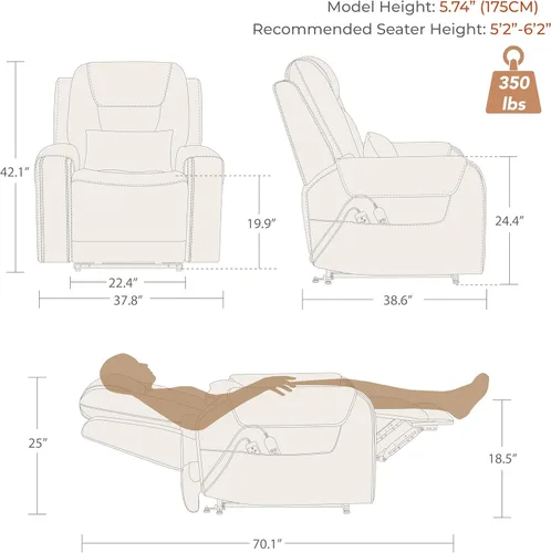 Miniatura 3 de CHITA Silla reclinable eléctrica para personas mayores con masaje y calor, silla reclinable grande de piel auténtica con soportes para tazas