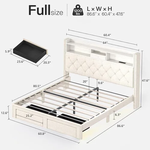 Miniatura 2 de Base de cama de lino tamaño completo con cabecera de almacenamiento de 2 niveles y estación de carga, marcos de cama de plataforma tapizados con 2
