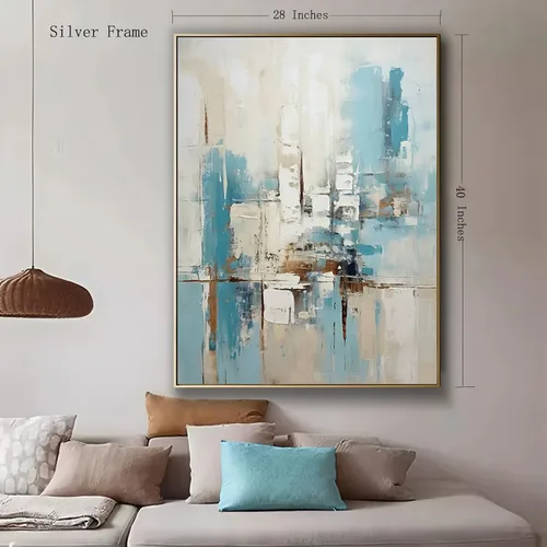 Miniatura 5 de Lienzo abstracto enmarcado con textura 3D para oficina, pintura al óleo abstracta azul pintada a mano para sala de estar, decoración de pared grande