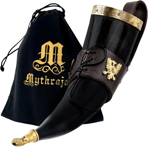 Miniatura 20 de Mythrojan Cuerno vikingo para beber 100% natural, auténtico, decoración de latón, cuerno nórdico con funda de cuero negro, bolsa de lona para vino