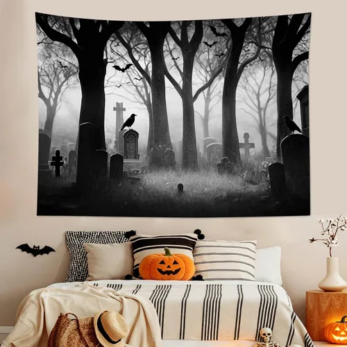 Miniatura 3 de LB Tapiz espeluznante de cementerio de Halloween, lápida aterradora con árboles muertos, tapiz de bosque para colgar en la pared, tapiz de fondo