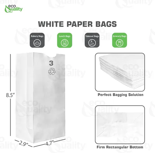 Miniatura 3 de EcoQuality - Bolsas de almuerzo de papel blanco de 3 libras, capacidad de 3 libras, para panadería, dulces, almuerzo, comestibles, manualidades