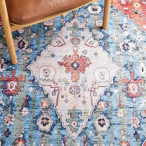 Miniatura 6 de SAFAVIEH Alfombra lavable Tucson Collection - 2 pies 6 pulgadas x 4 pies, beige y azul, antideslizante y fácil de limpiar, ideal para sala de estar