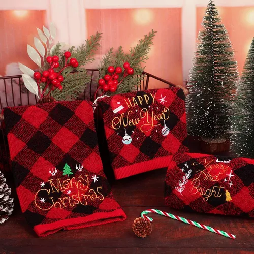 Miniatura 4 de MCEAST Paquete de 3 toallas de mano navideñas de 14 x 25 pulgadas, toallas de algodón bordadas, toallas de baño navideñas rojas y negras a cuadros