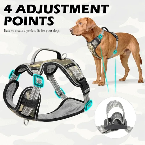 Miniatura 3 de Arnés reflectante para perro, arnés para perro grande sin tirones, con 2 clips para correa y asa de control, chaleco ajustable de camuflaje suave