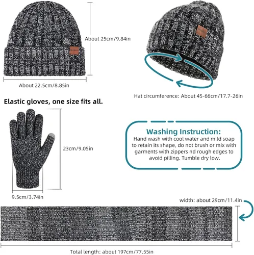 Miniatura 6 de Conjunto de guantes de bufanda para mujer gorro 3 en 1 bufanda larga y guantes de pantalla táctil para mujeres y hombres suave y cálido para regalo