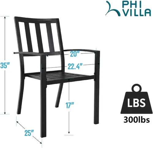 Miniatura 3 de PHI VILLA Juego de 2 sillas apilables de hierro forjado para patio, sillas de metal portátiles negras para exteriores, soporta 300 libras, ideal