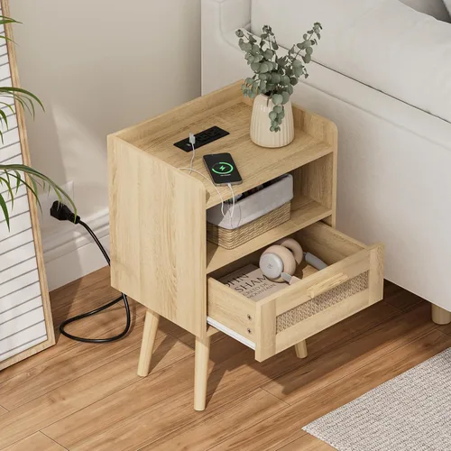Miniatura 3 de Masupu Mesita de noche, mesita de noche pequeña con dos cajones, mesita de noche blanca, muebles de noche, mesa auxiliar moderna de mediados