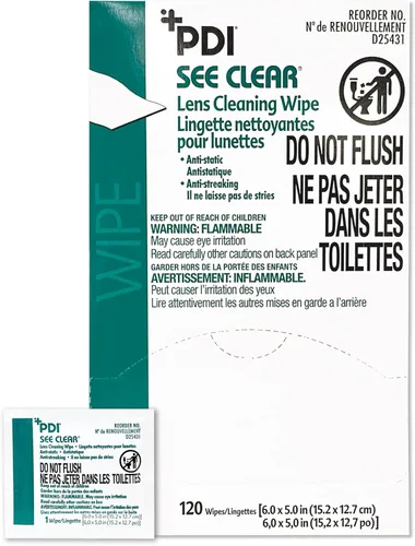PDI See Clear Toallitas de limpieza de lentes, sin rayas y antiestáticas para gafas, anteojos, lupas y gafas de seguridad, 1 caja de 120 paquetes