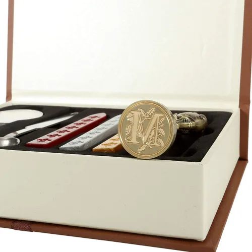 Miniatura 2 de Yoption Kit de sellos de cera con iniciales del alfabeto, sello antiguo de sello de letra M con mango de bronce galvanizado, kit de caja de regalo