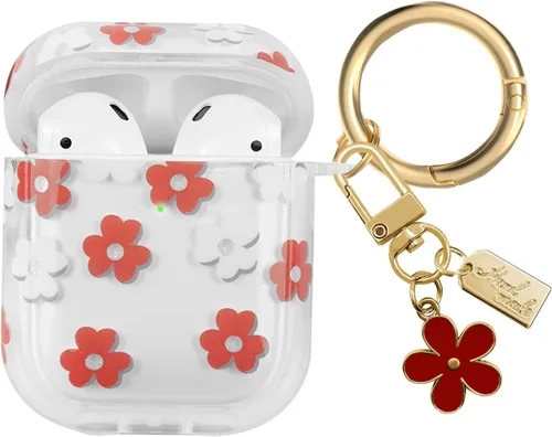 Miniatura 10 de Funda compatible con AirPods, funda de TPU suave con bonito patrón de flores para AirPods de 2 y 1 generación con llavero colgante y mosquetón