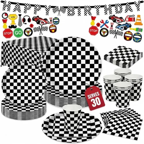 Miniatura 6 de Sirve para 30 Paquete esencial de fiesta Cuadros en blanco y negro Platos de papel de cena de 9 pulgadas Platos de papel de postre de 7