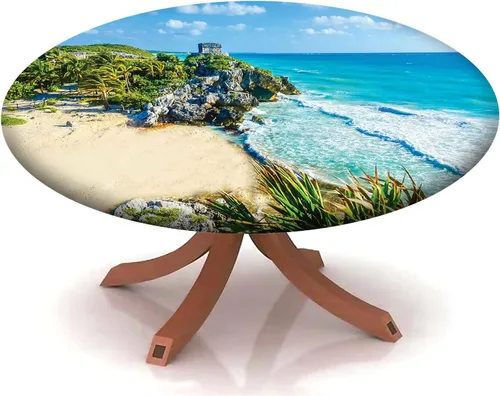 Miniatura 47 de Mantel con patrón de playa, borde elástico, impermeable, lavable, para uso en interiores y exteriores, patio, turquesa aguamarina, para mesas