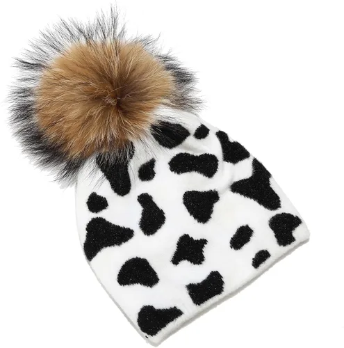 Miniatura 5 de Joylife Gorro de invierno con pompones de piel y diseño de calavera de punto unisex de doble capa