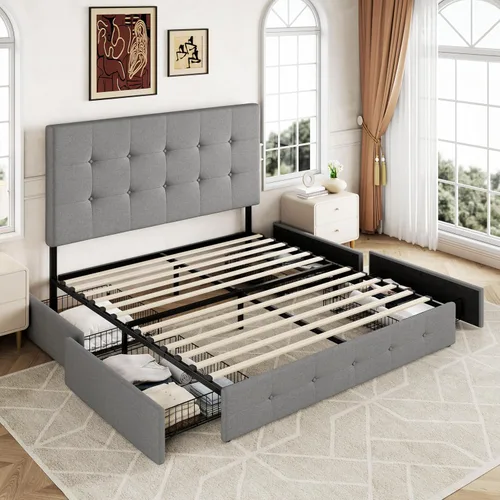 Miniatura 8 de Allewie - Base de cama tapizada de tamaño Full con plataforma, con 4 cajones de almacenamiento y cabecero, diseño cosido en cuadrados con botones