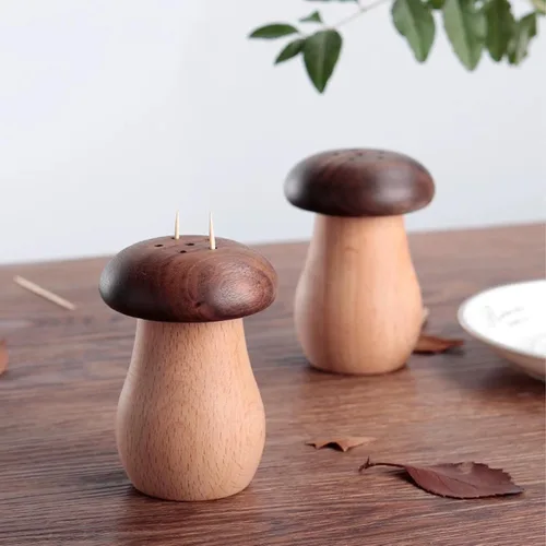 Miniatura 3 de TOPINCN Soporte para palillos de dientes, lindo recipiente de madera con forma de hongo para palillos de dientes, contenedor portátil