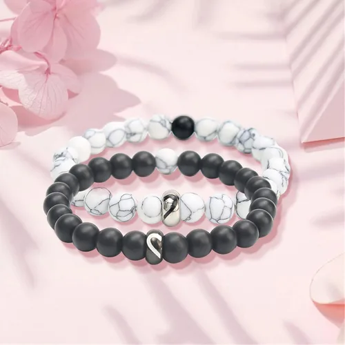 Miniatura 48 de 2 pulseras magnéticas para parejas, piedra natural negra mate, cristal para votos de amor eterno, juego de pulseras de cuentas de piedra de energía