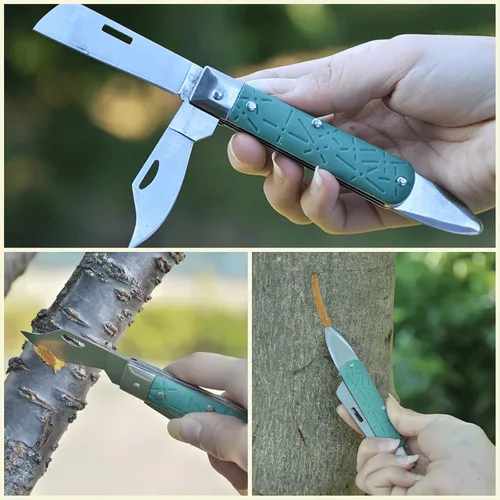 Miniatura 6 de COMKIT - Cuchillo de injerto profesional plegable de doble cuchilla, árboles frutales, jardinería, injerto, corte, plántulas, brote, herramienta