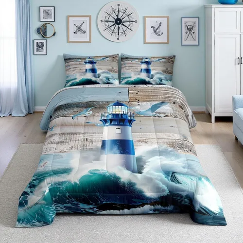 Miniatura 7 de Erosebridal Juego de edredón de ballena náutica, tamaño individual, juego de ropa de cama vintage azul con ondas oceánicas para niños y niñas