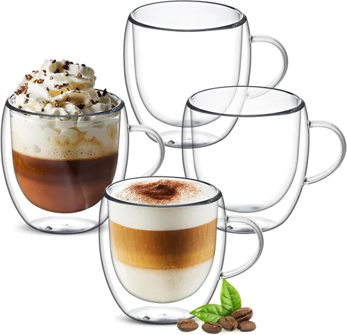 Juego de 4 tazas de café de vidrio de doble pared de 8 onzas con asa, tazas de café de capa aislada, tazas de vidrio de borosilicato transparente,