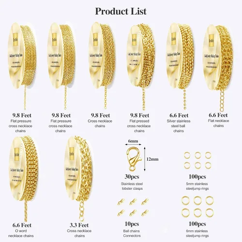 Miniatura 3 de Ecoofor Cadenas de collar de oro para hacer joyas, 62.3 pies, 8 rollos de cadenas de joyería para hacer collares, pulseras y joyas con anillos