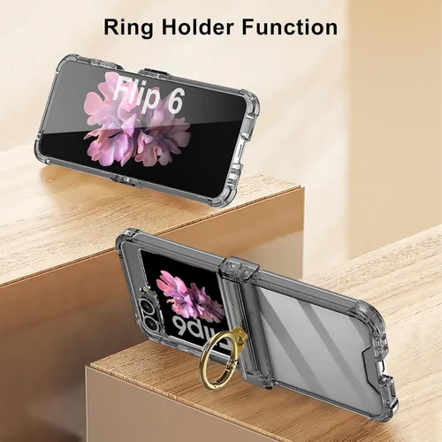 Miniatura 7 de Funda transparente para Samsung Galaxy Z Flip 6, protección de bisagra de lujo con soporte de anillo y protector de pantalla, funda suave todo Negro