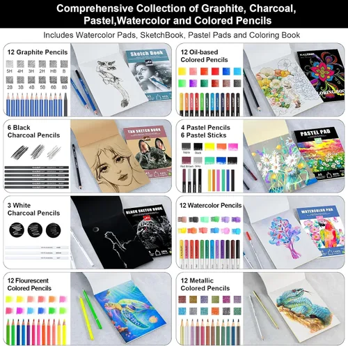 Miniatura 2 de 109 Juego de dibujo y kit de bocetos Pro Art Supplies con lápices fluorescentes, de colores, acuarela, metálicos, grafito, carbón, 5 cuadernos
