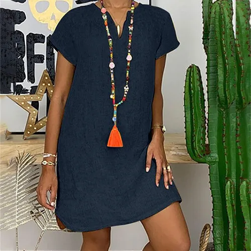Miniatura 2 de Ceboyel Vestido corto de lino y algodón para mujer, vestido camisero de verano, cuello en V, manga corta, vestidos de playa, ropa bohemia para mujer