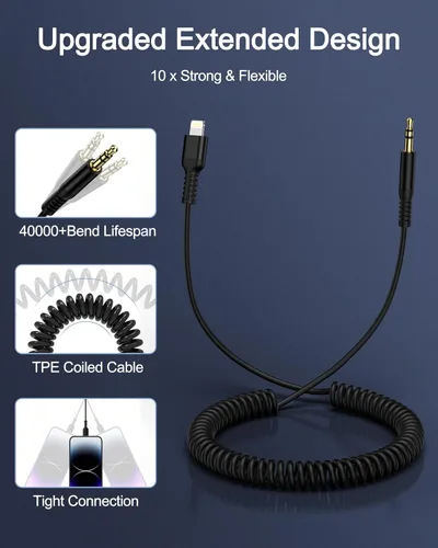 Miniatura 6 de Cable auxiliar para iPhone, cable de audio Lightning de 3.5mm con espiral, cable auxiliar macho certificado MFi de Apple para iPhone 14 Pro Max 13