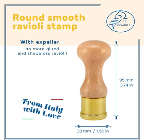 Miniatura 2 de La Gondola Sello casero para ravioles – redondo suave 1.5 pulgadas Herramienta para hacer pasta italiana para el hogar y negocios Latón y madera