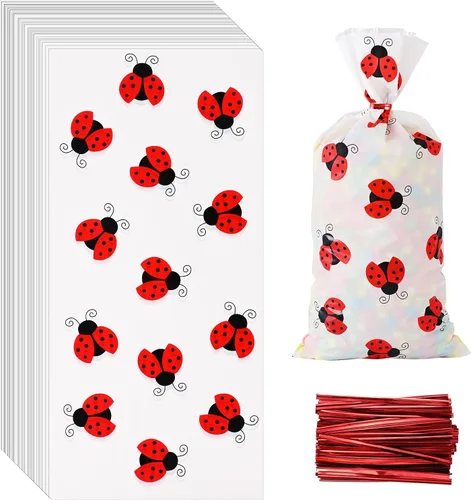Lecpeting 100 bolsas de golosinas de mariquita y celofán, bolsas de dulces de mariquita con lazos giratorios para suministros de fiesta de