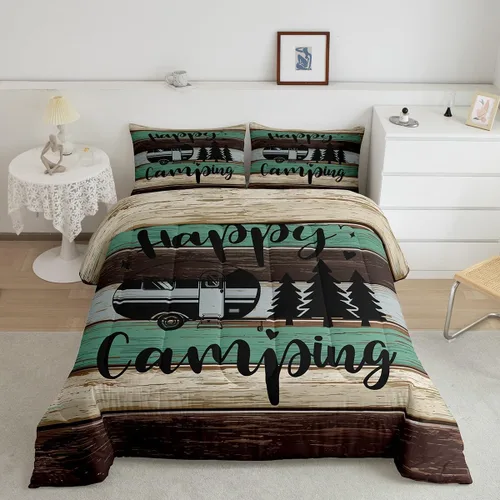 Miniatura 10 de Happy Camping - Juego de edredón de 3 piezas, tamaño Queen, retro, azul, rojo, blanco, rayas de madera, para niños, adolescentes, adultos, Multi 19