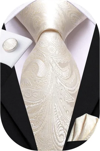 Miniatura 307 de Hi-Tie Corbatas de seda para hombre, diseño de cachemira a rayas, con bolsillo, gemelos cuadrados, conjunto formal de negocios