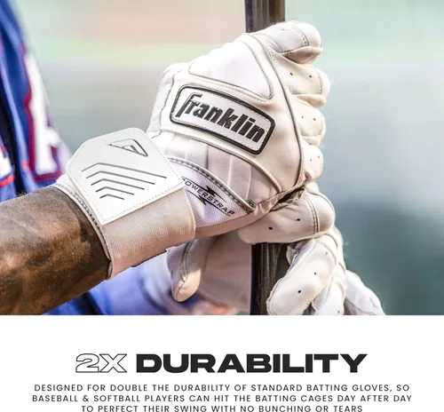 Miniatura 3 de Franklin Sports MLB - Guantes de bateo Infinite Powerstrap para béisbol + sóftbol de puño largo, para adultos y jóvenes Blanco/Dorado