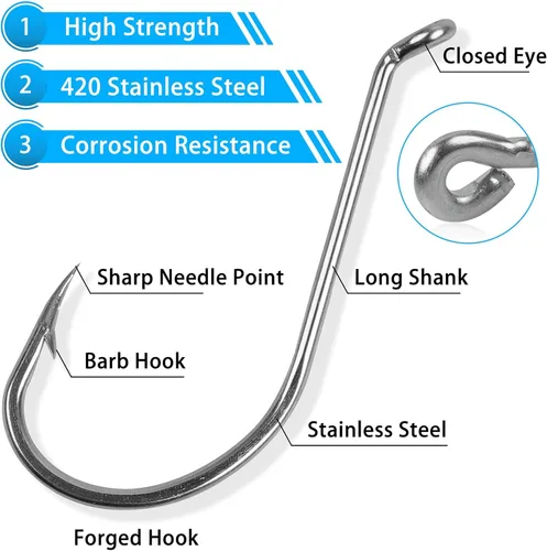 Miniatura 3 de Octopus Beak Hooks, 60pcs/100pcs Stainless Steel Saltwater Fishing Hooks, Suicide Bait Jig, Big Game, Offset Circle Hooks 10